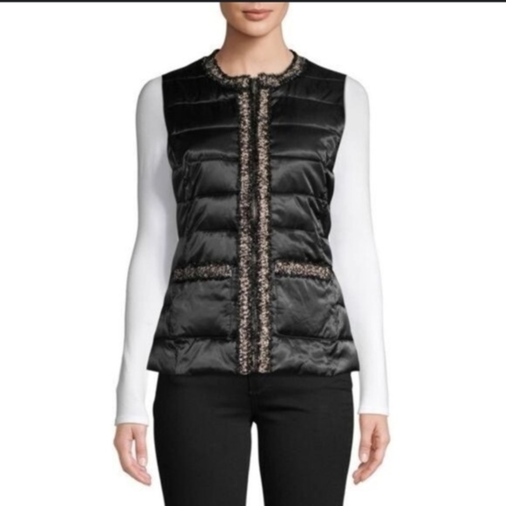 Karl Lagerfeld Black Quilted Jacket with Tweed Accents puffer vest medium